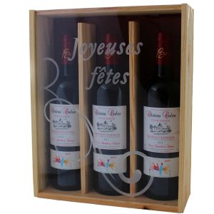 Coffret cadeau gravé « Joyeuses Fêtes » + trois bouteilles Bordeaux Supérieur Château Caban 2013